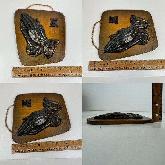 Vtg 1960s Bronze Praying Hands Albrecht Durer Germany on Wood Plaque Religious - Picture 3 of 10